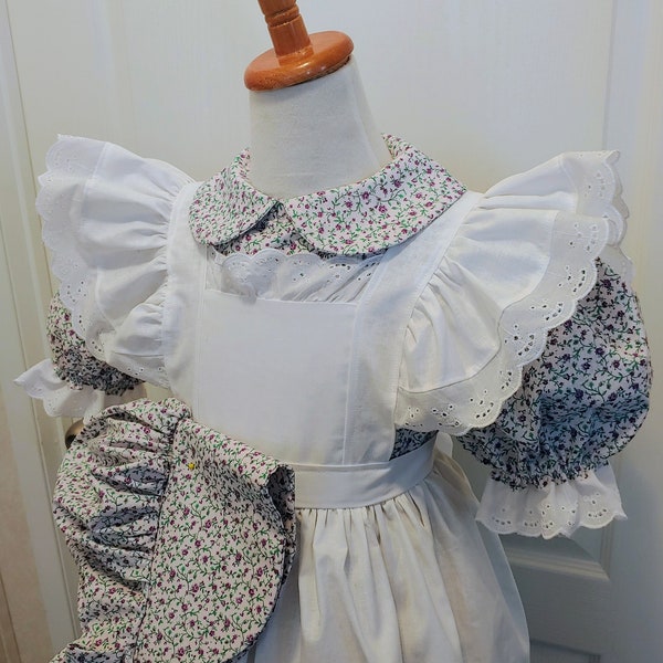 Girls Pioneer Dress,(early Victorian)Bonnet and Pinafore /Long or Short sleeves..(PLEASE READ details inside ad)
