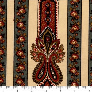 May include: A beige fabric with a repeating pattern of vertical stripes. The stripes are a dark green color with a floral design and a paisley design in shades of red, black, and gold.