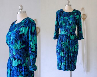 80's 90's Blue Tropical Floral Print Dress/Dead Stock