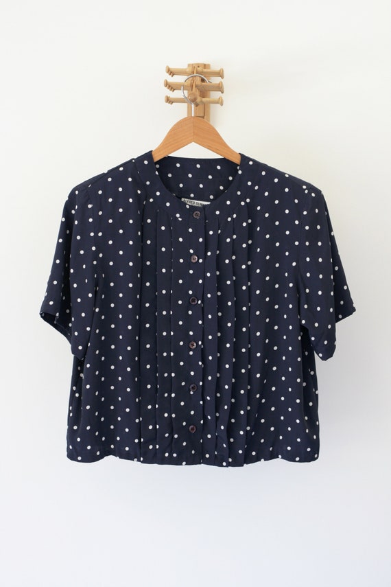 90's Navy Blue Polka Dot Short Sleeve Button Up B… - image 5