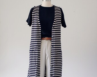 Vintage Navy Striped Button Up Duster Vest/Dress