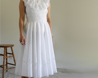 70's White Victorian Inspired High Neck Lace Handmade Dress/Ethereal Sheer