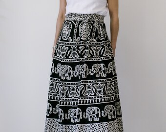 Vintage Wrap Block Print Midi Skirt