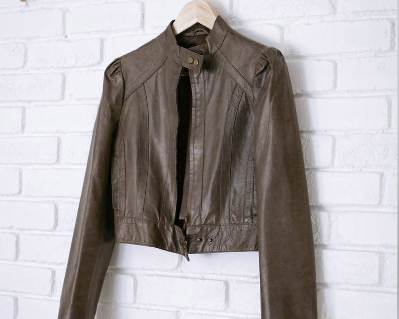 Vintage Brown Cropped Leather Jacket 80/'s 90/'sPuffed Long SleevesWomen/'s XS