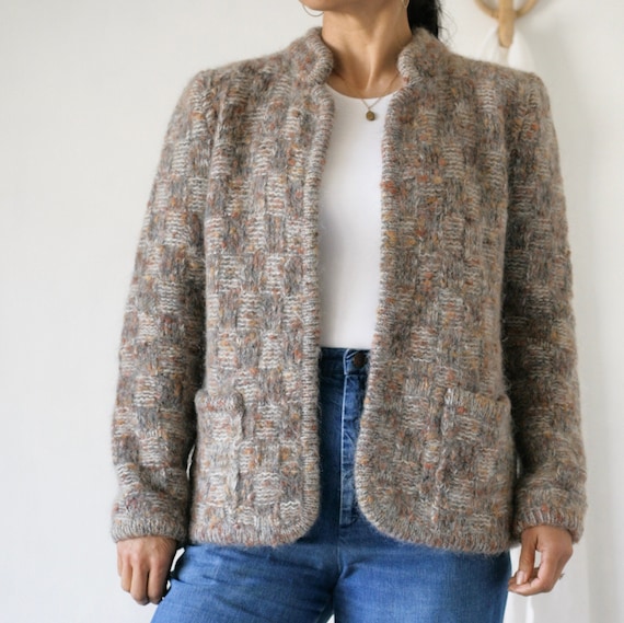 V I N T A G E  80's Mottled Check Pattern Knit Op… - image 2