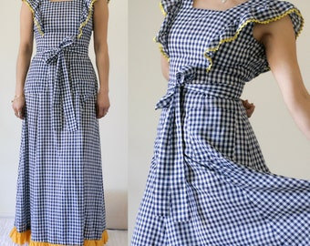 Vintage Handmade Prairie Blue Check Maxi Apron Dress/Pinafore Style