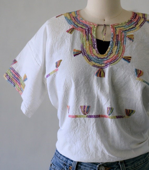 Vintage Hand Embroidered Mexican Huipil Top with … - image 3