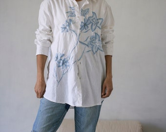 90's Vintage Linen/Cotton Embroidered Button Up Shirt/Unisex