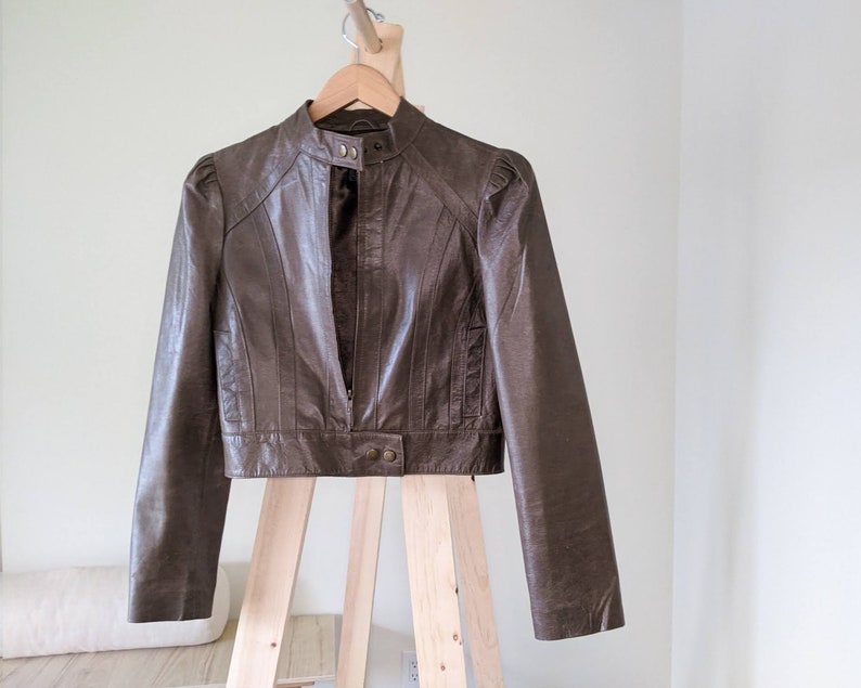 Vintage Brown Cropped Leather Jacket 80/'s 90/'sPuffed Long SleevesWomen/'s XS