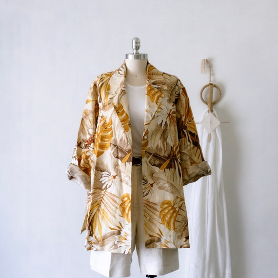 90's Ellen Tracy Linen Tropical Print Button Up/B… - image 1