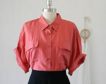 80's 90's Minimalist Deadstock Coral Silk Short Sleeve Button Up Blouse