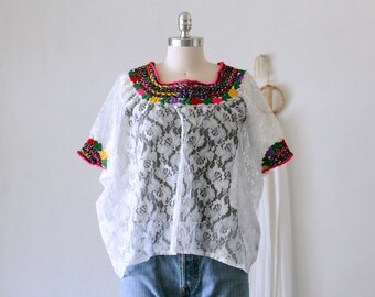 Vintage Oaxacan Lace Embroidered Huipil Top