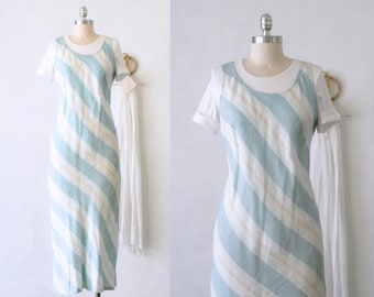 90's Vintage Liz Claiborne Linen Diagonal Stripe Maxi Sun Dress/Bias Cut