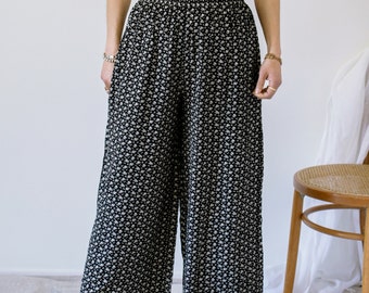 90's Black Micro Floral Print Wide Leg Pants/Made in the USA