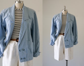 80's Lightweight Double Breasted Cotton Chambray Jacket/Made in the USA