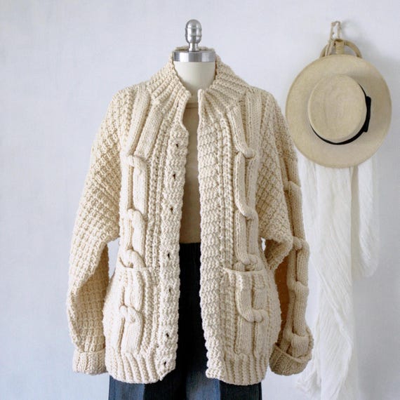 H A N D K N I T Vintage Chunky Cable Knit Cardigan S… - Gem