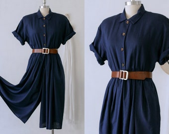 80's Navy Blue Cotton Culottes Jumpsuit/Romper/Made in the USA