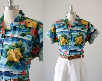 90's Cotton Hawaiian Tropical Print Short Sleeve Button Up/Made in Hawaii