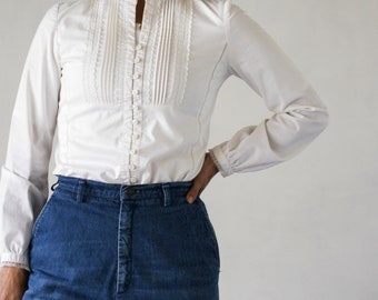 Vintage White Lace and Pin Tucked Cotton Blend Button Up Shirt