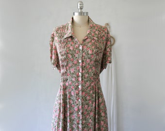 90's Floral Print Button Up Long Midi Rayon Dress