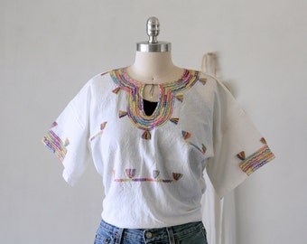 Vintage Hand Embroidered Mexican Huipil Top with Tassel Design