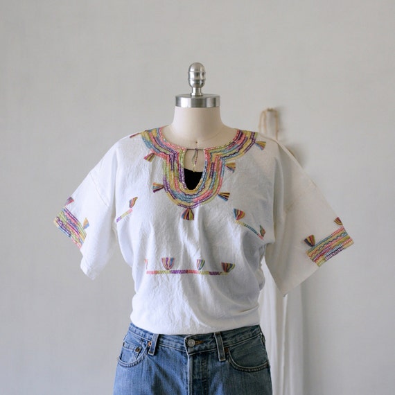 Vintage Hand Embroidered Mexican Huipil Top with … - image 1