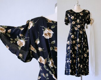 80's 90's Navy Blue Dead Stock Long Midi Dress/Flutter Sleeves