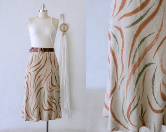 Vintage Abstract Print Linen Midi Skirt