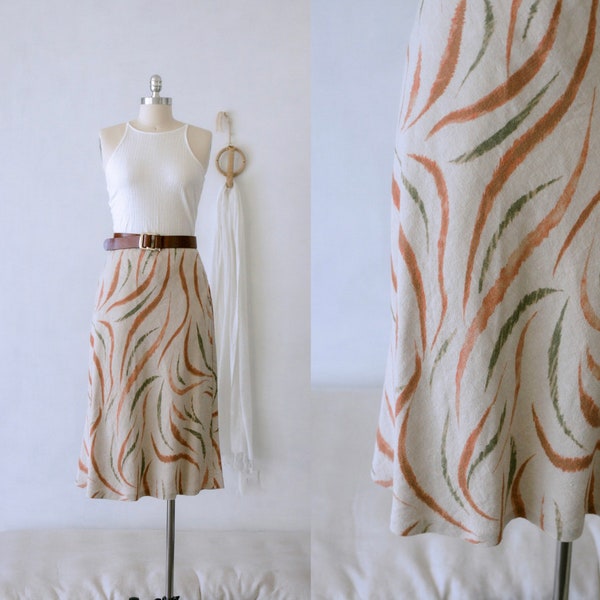 Vintage Abstract Print Linen Midi Skirt