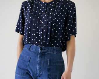 90's Navy Blue Polka Dot Short Sleeve Button Up Blouse