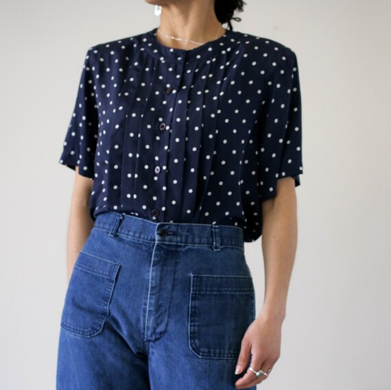 90's Navy Blue Polka Dot Short Sleeve Button Up B… - image 1