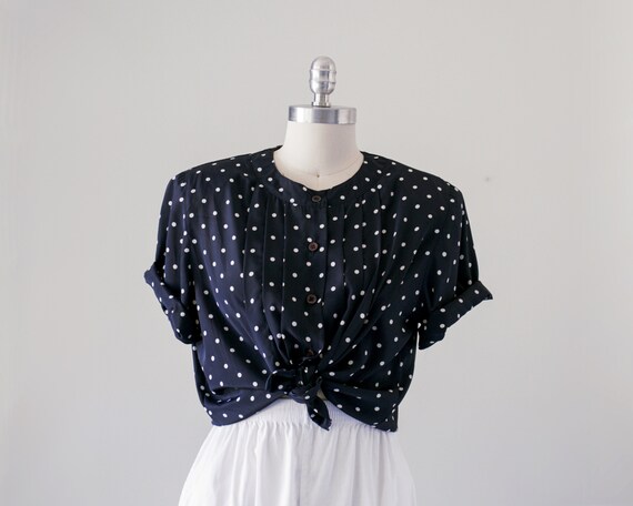 90's Navy Blue Polka Dot Short Sleeve Button Up B… - image 3