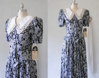 80's 90's Blue Floral Dead Stock Long Midi Dress