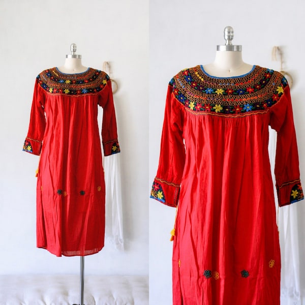 Vintage Handmade Mexican Red Gauze Dress/Chiapas/Chamula/Textile Art