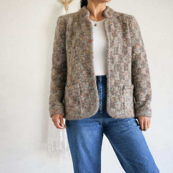 V I N T A G E  80's Mottled Check Pattern Knit Op… - image 1