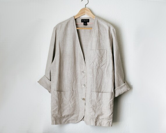 Vintage Oatmeal Beige Linen Blazer Jacket/Ovesized