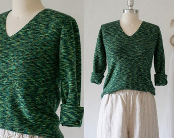 Vintage Green Marled Knit V-Neck Wool Sweater/Missoni Style/Made in Japan