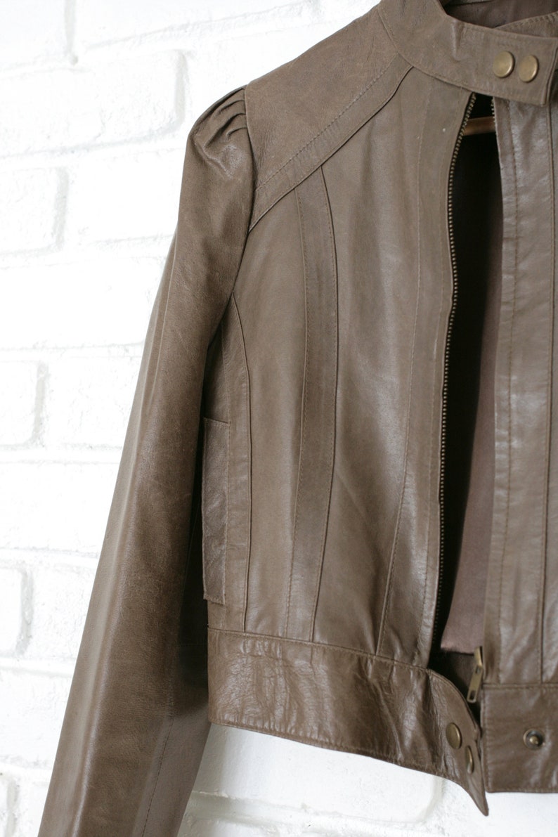 Vintage Brown Cropped Leather Jacket 80/'s 90/'sPuffed Long SleevesWomen/'s XS