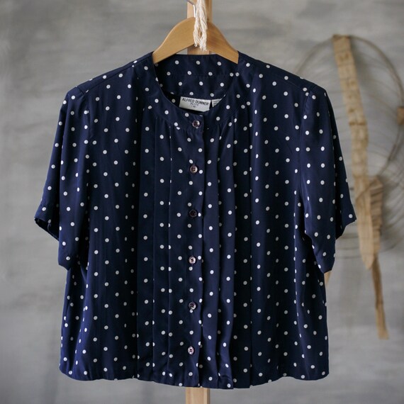 90's Navy Blue Polka Dot Short Sleeve Button Up B… - image 2