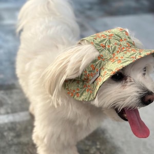 May include: A white dog wearing a light green bucket hat with a floral pattern of orange berries and green leaves. The dog's pink tongue is visible, and the hat has a small tag. The hat is designed for pets.