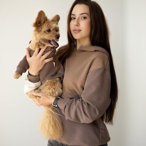 Dog human matching beige soft cotton Hoodie, color block Set, dog lower gift, sweatshirt for dog pet owner mom, gift for her, pet clothes