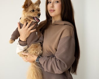 Dog human matching beige soft cotton Hoodie, color block Set, dog lower gift, sweatshirt for dog pet owner mom, gift for her, pet clothes