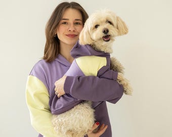 Felpa con cappuccio in morbido cotone viola coordinata con cane e umano, set color block, regalo per la parte inferiore del cane, felpa per la mamma proprietaria di un cane, regalo per lei, vestiti per animali domestici