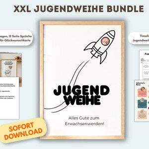 May include: A bundle of Jugendweihe celebration materials. The central image is a framed poster with a rocket illustration and the words "Jugendweihe." Additional items include a card template, a party bingo game, and a timeline poster. The words "SOFORT DOWNLOAD" are also visible.