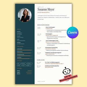 May include: A professional resume template featuring a dark teal sidebar and white main section. It includes a circular headshot placeholder, sections for contact, experience, education, and skills, with the text Susanne Meyer Eventmanagerin.