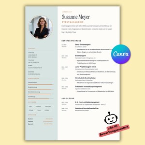 May include: A professional CV template featuring a light blue sidebar, a circular headshot of a person, and sections for contact information, skills, work experience, and education. The text includes the name Susanne Meyer and Canva branding.