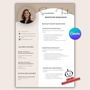 Op de afbeelding: Een cv-sjabloon met een foto van Susanne Fischer, getiteld "Marketing Managerin". Het beschrijft werkervaring, opleiding en vaardigheden. Het Canva-logo is zichtbaar, evenals de tekst "inkl. KI-Bewerbungsassistent."