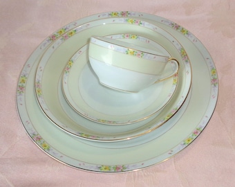 Noritake The Linwood 11657 Hand Painted 4 Pcs Dinner Plate Soup Bowl Cup Saucer Pink Yellow Roses