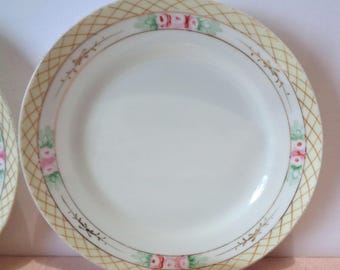 Antique Hand Painted Nippon 4 Plates Bread Dessert Blue Rising Sun Pink Roses Gold