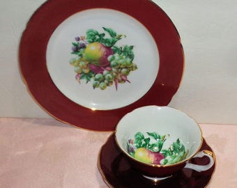Royal Grafton 3 Piece Tea Brunch Set Cup Saucer Plate Fruit Burgundy Red Bone China